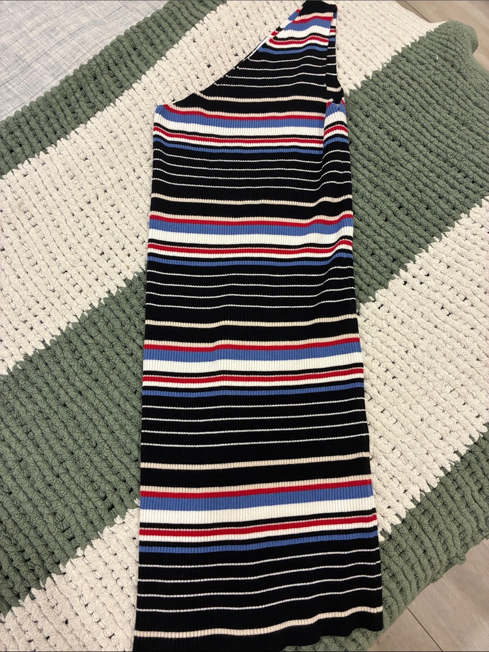Zara One-Shoulder Bodycon Dress in Black with White, Blue & Red Stripes